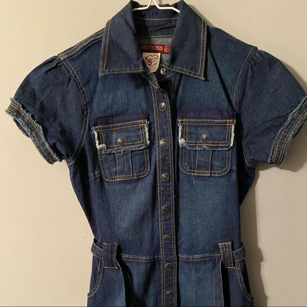 Vintage Hot Kiss USA Blue Denim full front snap up Dress Size Small with pockets